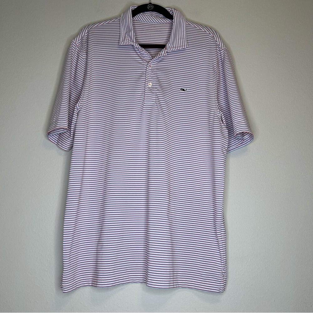 Vineyard Vines Mens Polo Striped Performance Stretch White, Red, and Blue Size L
